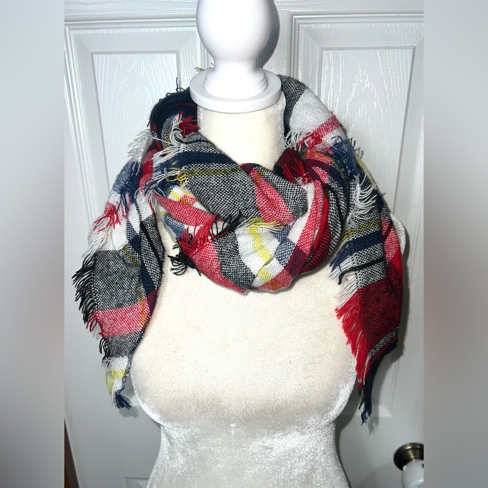 Triangle Scarf Shawl Set Red/Yellow/Blue/Ivory Plaid Fringe Lightweight